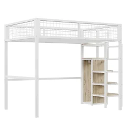 Lit Mezzanine 140x200 cm - Lit Double avec Rangement et Échelle de Sécurité, Cadre Métal et MDF, Sans Matelas - Blanc><noscript><img width=