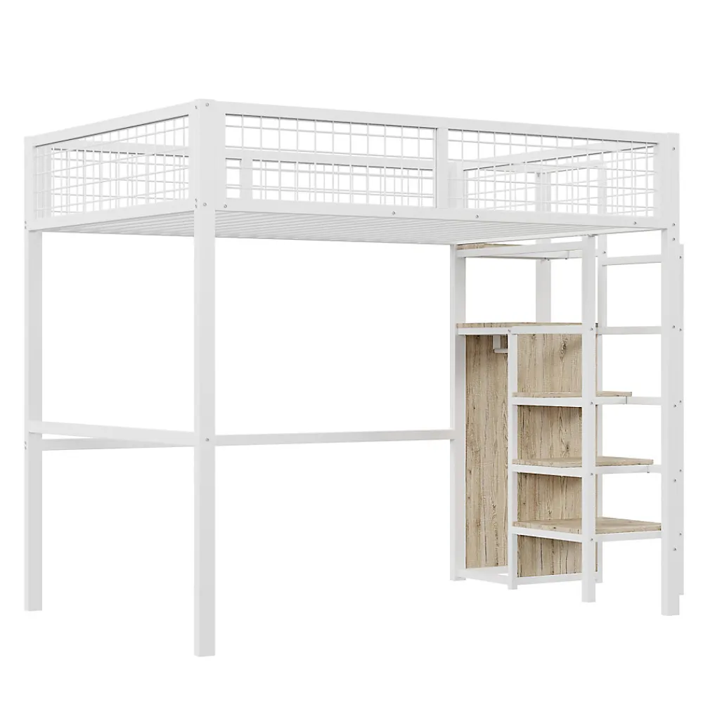 Lit Mezzanine 140x200 cm - Lit Double avec Rangement et Échelle de Sécurité, Cadre Métal et MDF, Sans Matelas - Blanc>Okwish Outlet