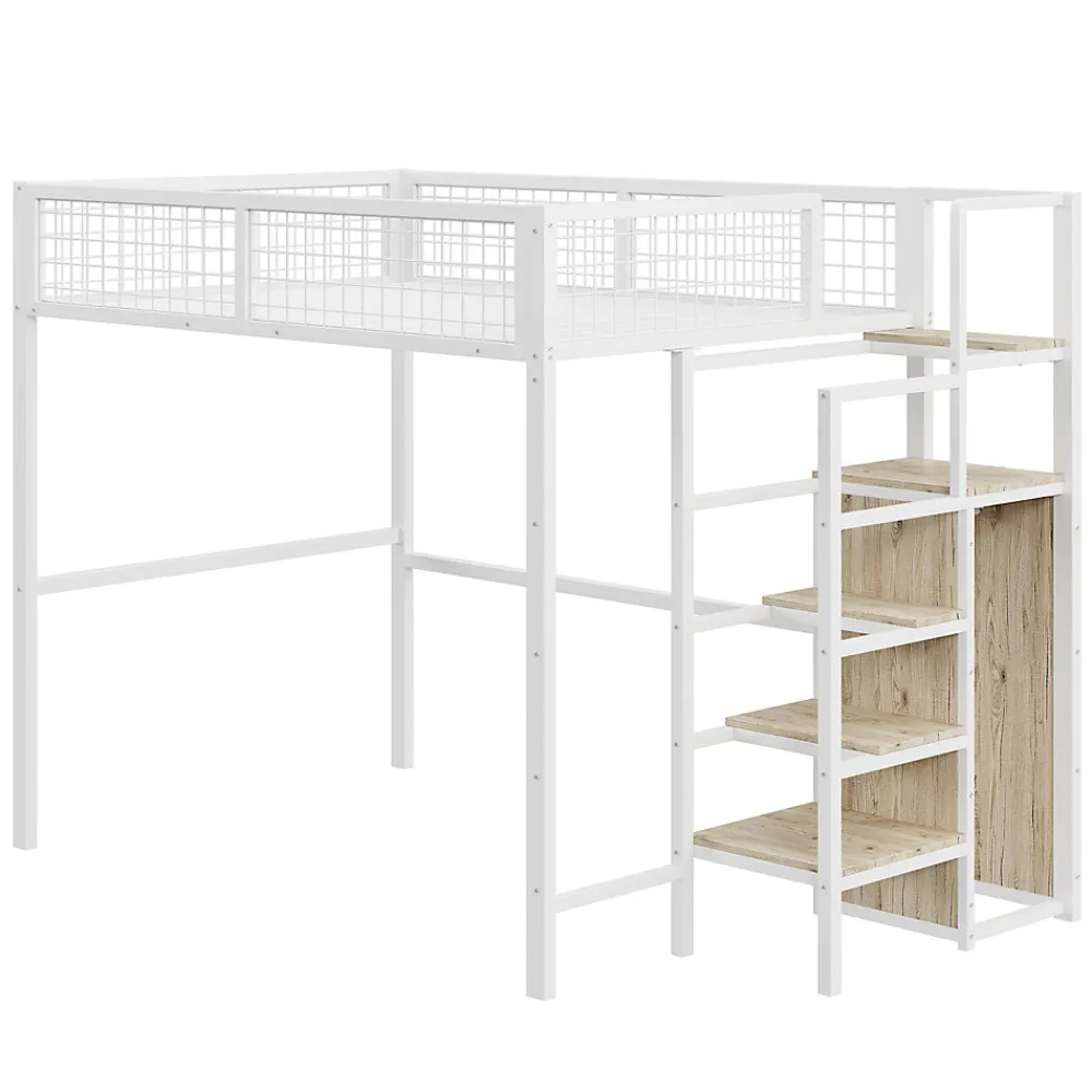 Lit Mezzanine 140x200 cm - Lit Double avec Rangement et Échelle de Sécurité, Cadre Métal et MDF, Sans Matelas - Blanc>Okwish Outlet