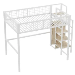 Lit Mezzanine 140x200 cm - Lit Double avec Rangement et Échelle de Sécurité, Cadre Métal et MDF, Sans Matelas - Blanc><noscript><img width=