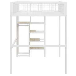 Lit Mezzanine 140x200 cm - Lit Double avec Rangement et Échelle de Sécurité, Cadre Métal et MDF, Sans Matelas - Blanc><noscript><img width=