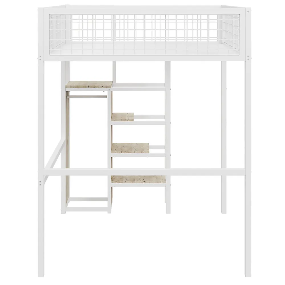 Lit Mezzanine 140x200 cm - Lit Double avec Rangement et Échelle de Sécurité, Cadre Métal et MDF, Sans Matelas - Blanc>Okwish Outlet