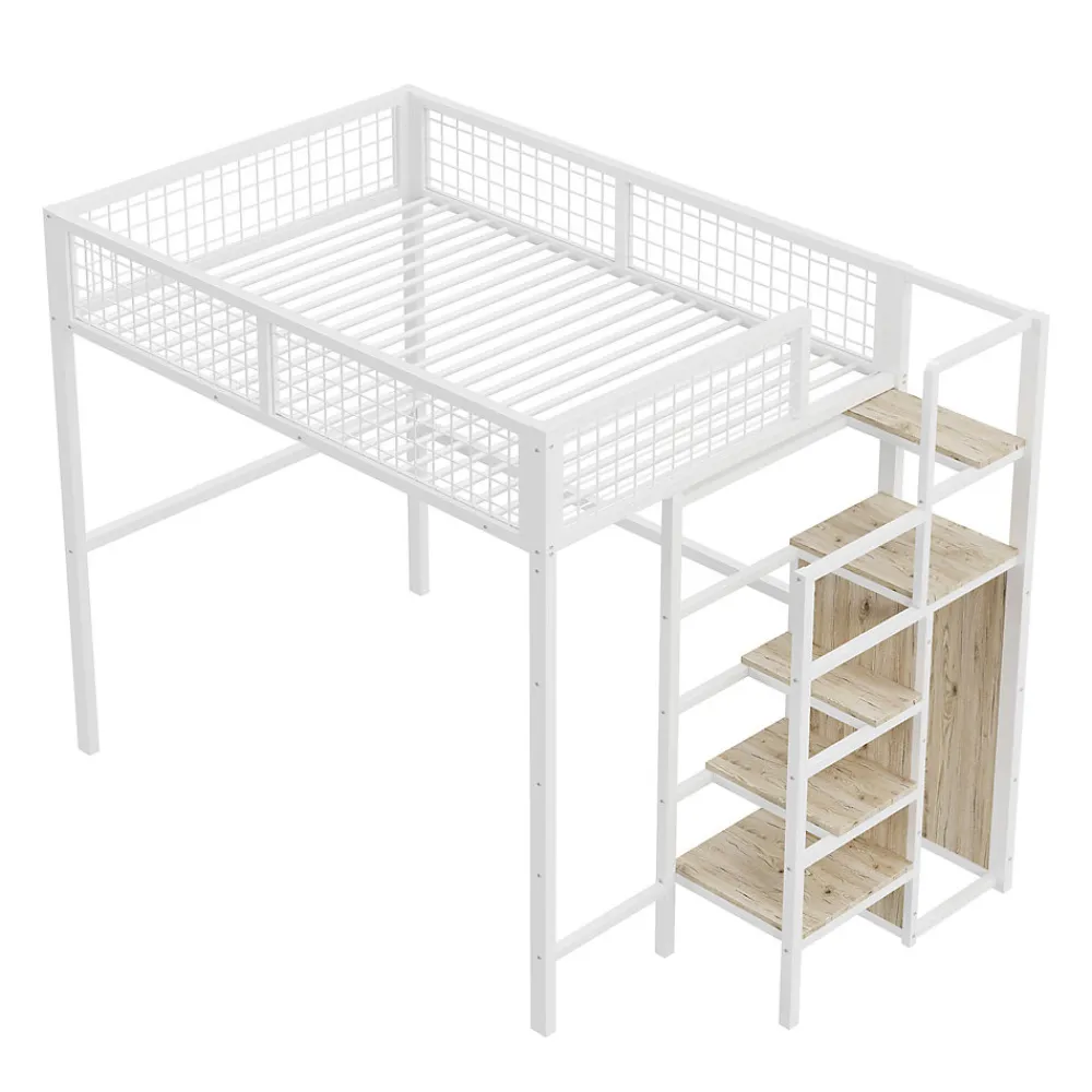 Lit Mezzanine 140x200 cm - Lit Double avec Rangement et Échelle de Sécurité, Cadre Métal et MDF, Sans Matelas - Blanc>Okwish Outlet