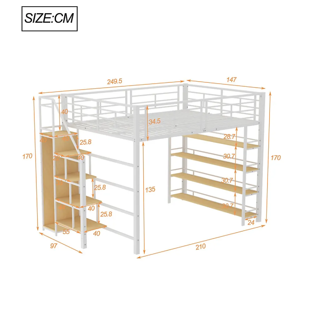 Lit Mezzanine 140x200 cm - Lit Double avec Escalier de Sécurité et Placard de Rangement, Métal et MDF, Sans Matelas - Blanc>Okwish New