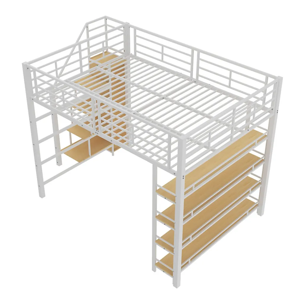 Lit Mezzanine 140x200 cm - Lit Double avec Escalier de Sécurité et Placard de Rangement, Métal et MDF, Sans Matelas - Blanc>Okwish New