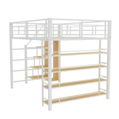 Lit Mezzanine 140x200 cm - Lit Double avec Escalier de Sécurité et Placard de Rangement, Métal et MDF, Sans Matelas - Blanc><noscript><img width=