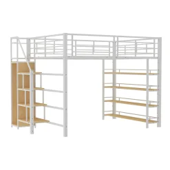 Lit Mezzanine 140x200 cm - Lit Double avec Escalier de Sécurité et Placard de Rangement, Métal et MDF, Sans Matelas - Blanc><noscript><img width=