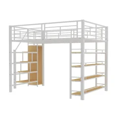 Lit Mezzanine 140x200 cm - Lit Double avec Escalier de Sécurité et Placard de Rangement, Métal et MDF, Sans Matelas - Blanc><noscript><img width=