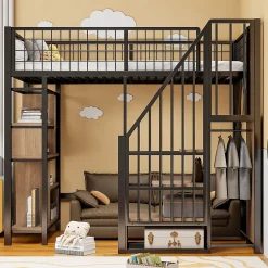 Lit Mezzanine 90x200 cm - Lit enfant en Métal Noir avec Rangement Intégré, Étagères et Escalier Sécurisé, Sans Matelas>Okwish New