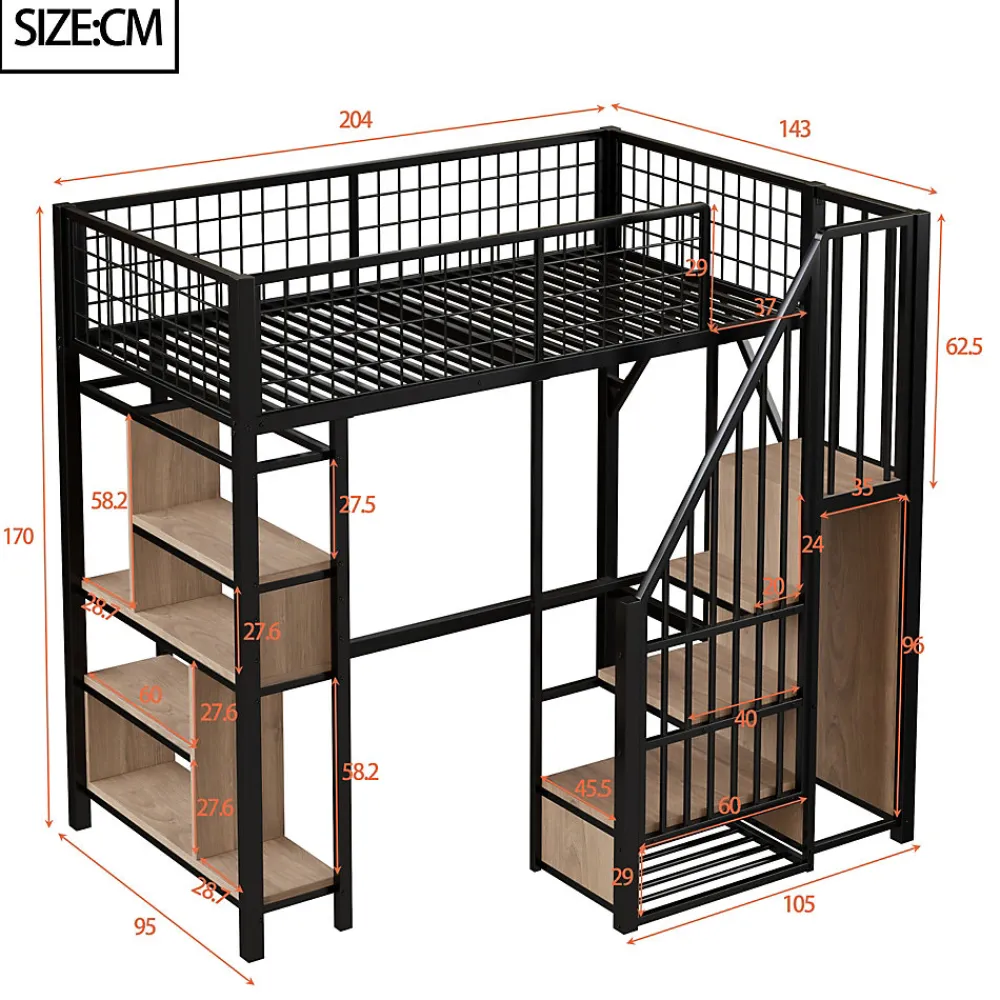 Lit Mezzanine 90x200 cm - Lit enfant en Métal Noir avec Rangement Intégré, Étagères et Escalier Sécurisé, Sans Matelas>Okwish New