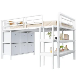 Okwish Lit Mezzanine 90x200 cm - Lit Enfant avec Tiroirs et Étagères, Angles Arrondis - Sans Matelas - Métal et MDF - Blanc* Lit Mezzanine