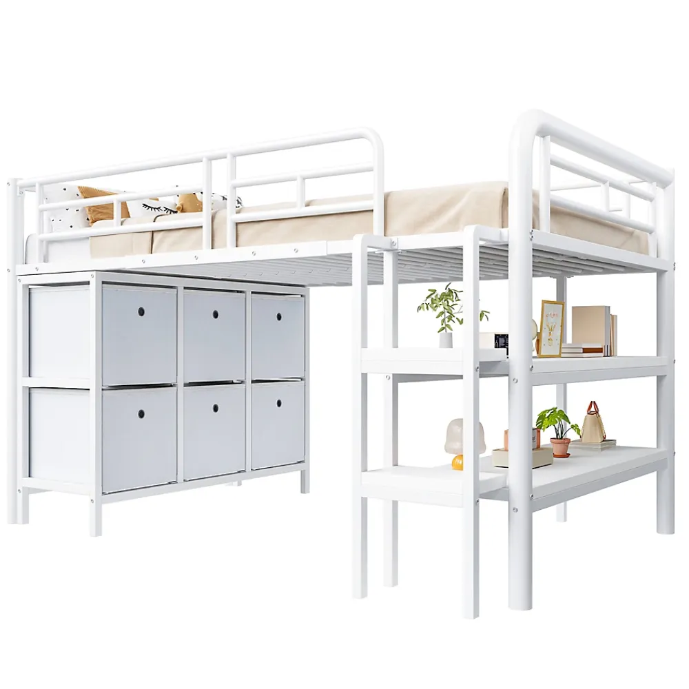 Okwish Lit Mezzanine 90x200 cm - Lit Enfant avec Tiroirs et Étagères, Angles Arrondis - Sans Matelas - Métal et MDF - Blanc* Lit Mezzanine
