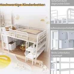 Okwish Lit Mezzanine 90x200 cm - Lit Enfant avec Tiroirs et Étagères, Angles Arrondis - Sans Matelas - Métal et MDF - Blanc* Lit Mezzanine