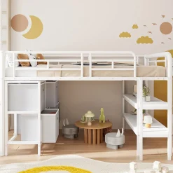 Okwish Lit Mezzanine 90x200 cm - Lit Enfant avec Tiroirs et Étagères, Angles Arrondis - Sans Matelas - Métal et MDF - Blanc* Lit Mezzanine