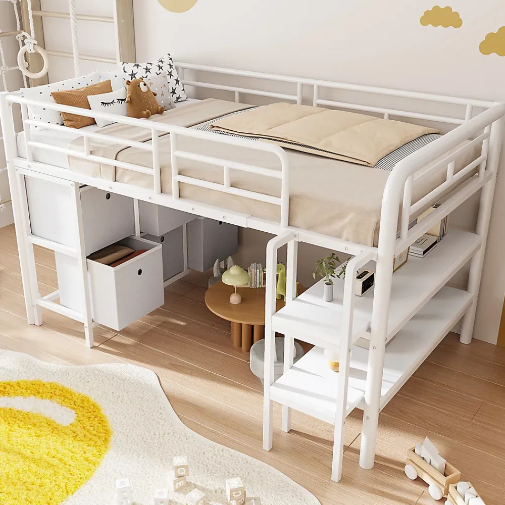 Okwish Lit Mezzanine 90x200 cm - Lit Enfant avec Tiroirs et Étagères, Angles Arrondis - Sans Matelas - Métal et MDF - Blanc* Lit Mezzanine