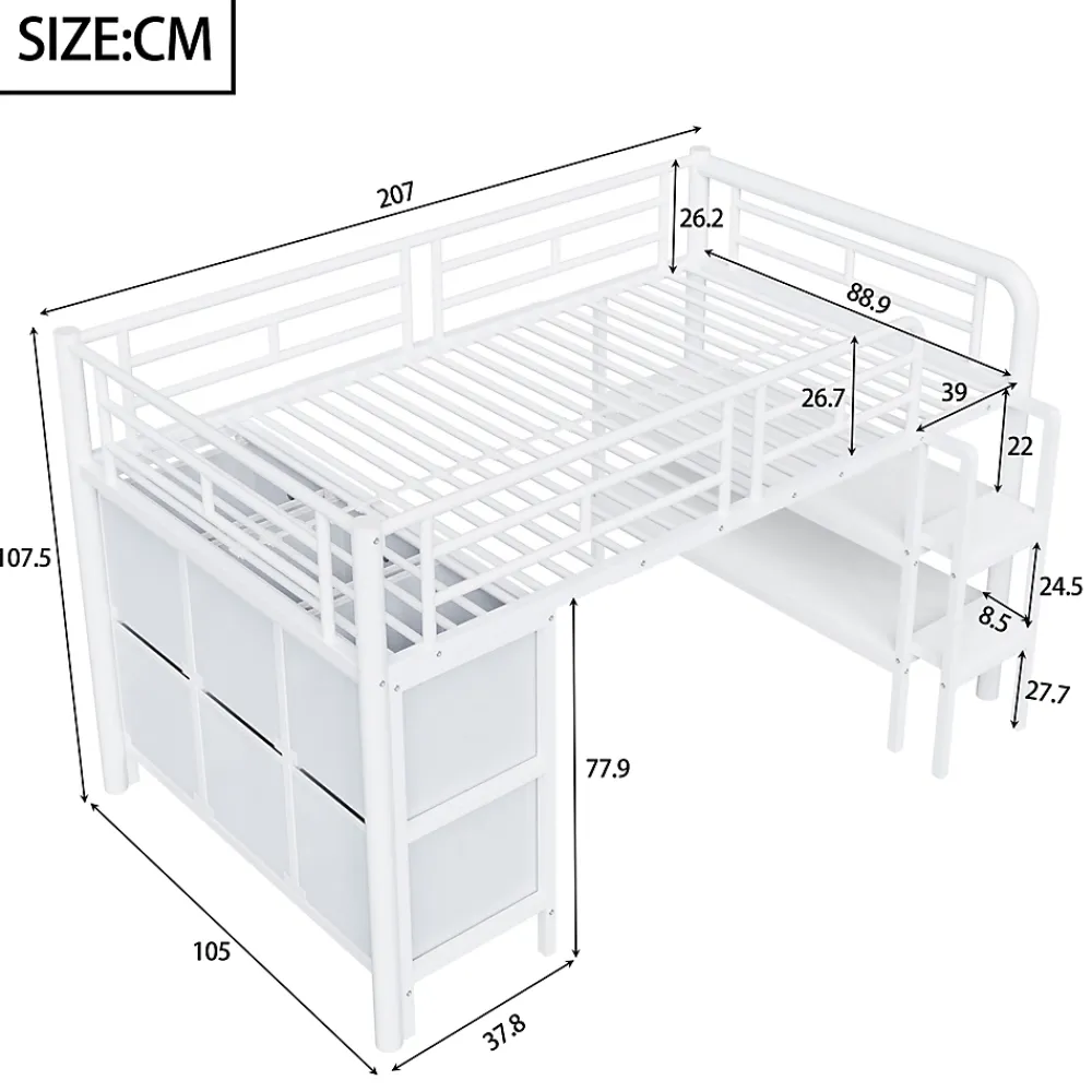 Okwish Lit Mezzanine 90x200 cm - Lit Enfant avec Tiroirs et Étagères, Angles Arrondis - Sans Matelas - Métal et MDF - Blanc* Lit Mezzanine