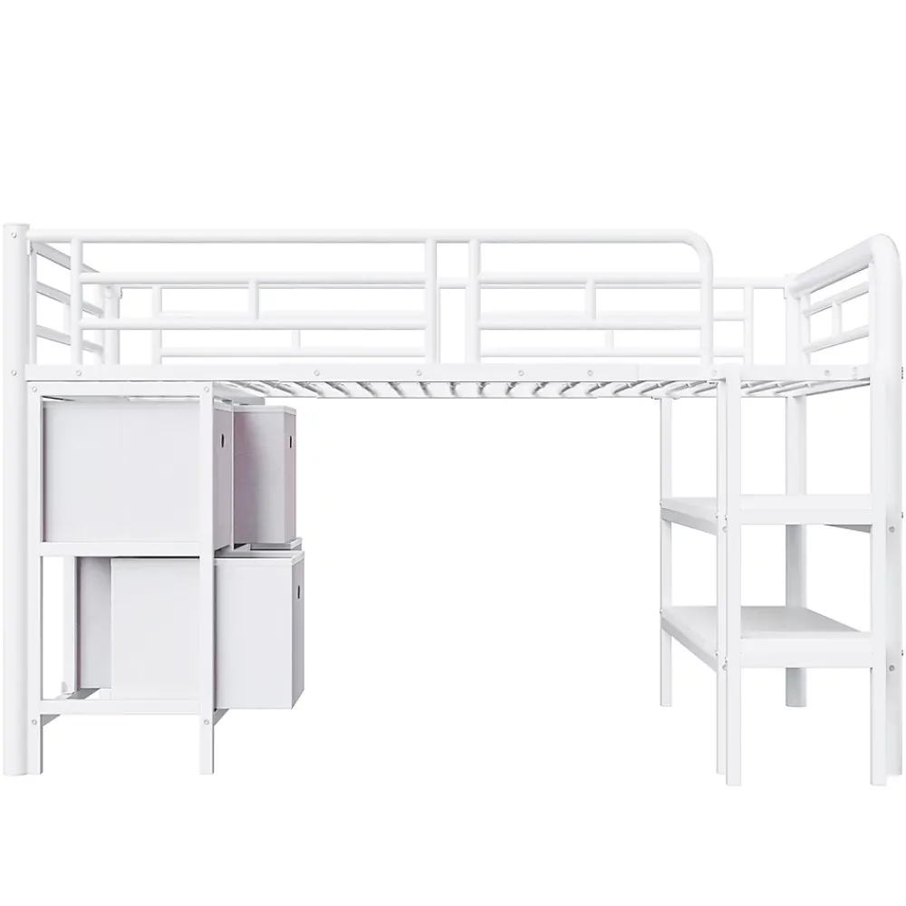 Okwish Lit Mezzanine 90x200 cm - Lit Enfant avec Tiroirs et Étagères, Angles Arrondis - Sans Matelas - Métal et MDF - Blanc* Lit Mezzanine