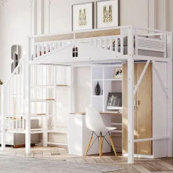 Lit Mezzanine 90x200 cm - Lit Enfant/Ado avec Escalier de Sécurité, Design Boule et Fenêtre, Métal Blanc><noscript><img width=