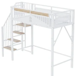 Lit Mezzanine 90x200 cm - Lit Enfant/Ado avec Escalier de Sécurité, Design Boule et Fenêtre, Métal Blanc><noscript><img width=