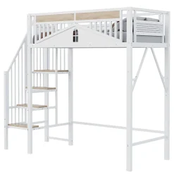 Lit Mezzanine 90x200 cm - Lit Enfant/Ado avec Escalier de Sécurité, Design Boule et Fenêtre, Métal Blanc><noscript><img width=