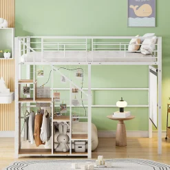 Lit Mezzanine 140x200 cm - Lit enfant en Métal Blanc avec Échelle de Sécurité et Rangement Intégré, Sans Matelas>Okwish Discount