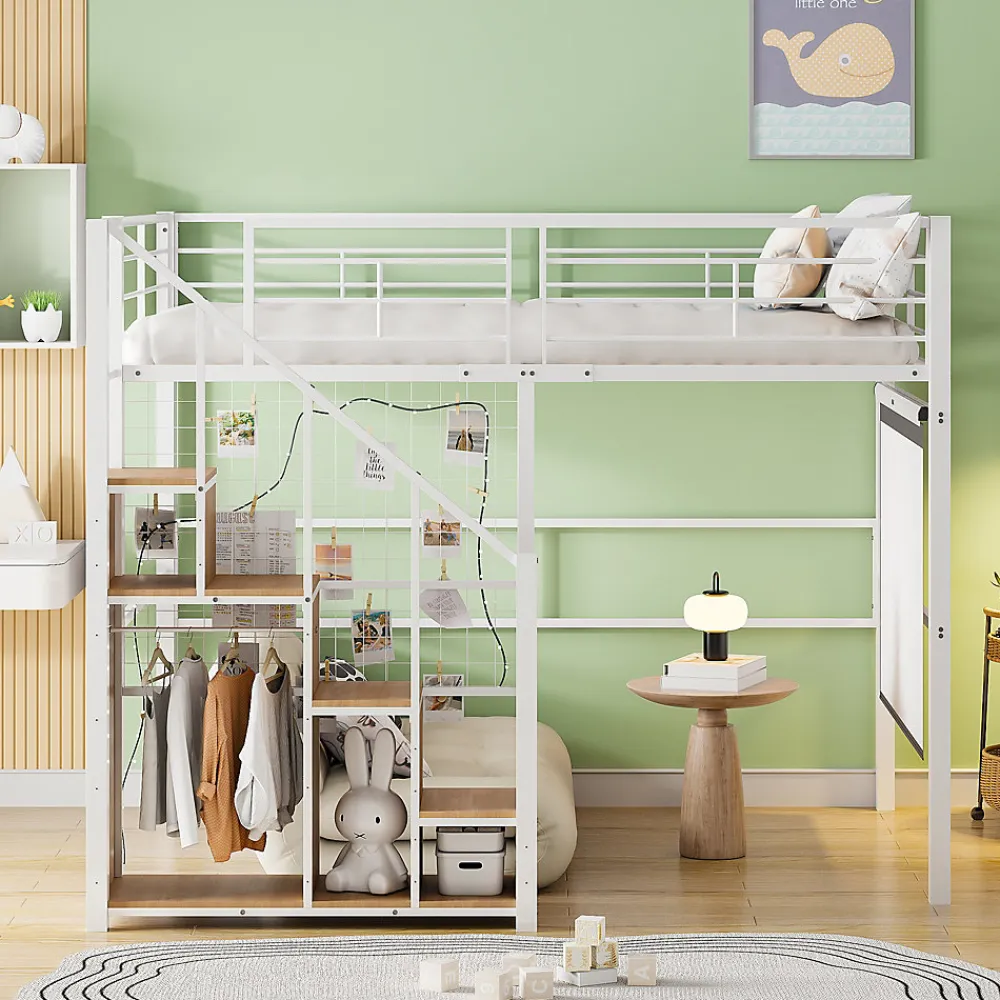 Lit Mezzanine 140x200 cm - Lit enfant en Métal Blanc avec Échelle de Sécurité et Rangement Intégré, Sans Matelas>Okwish Discount