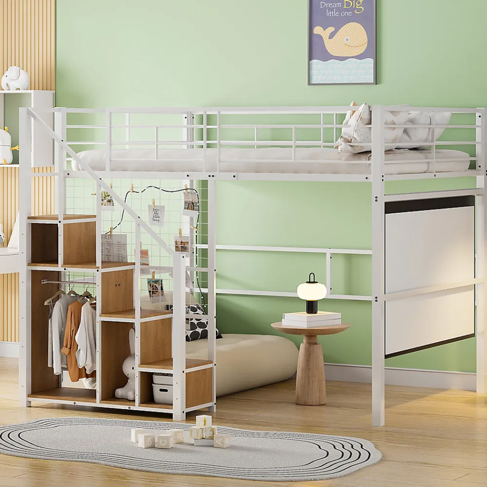 Lit Mezzanine 140x200 cm - Lit enfant en Métal Blanc avec Échelle de Sécurité et Rangement Intégré, Sans Matelas>Okwish Discount