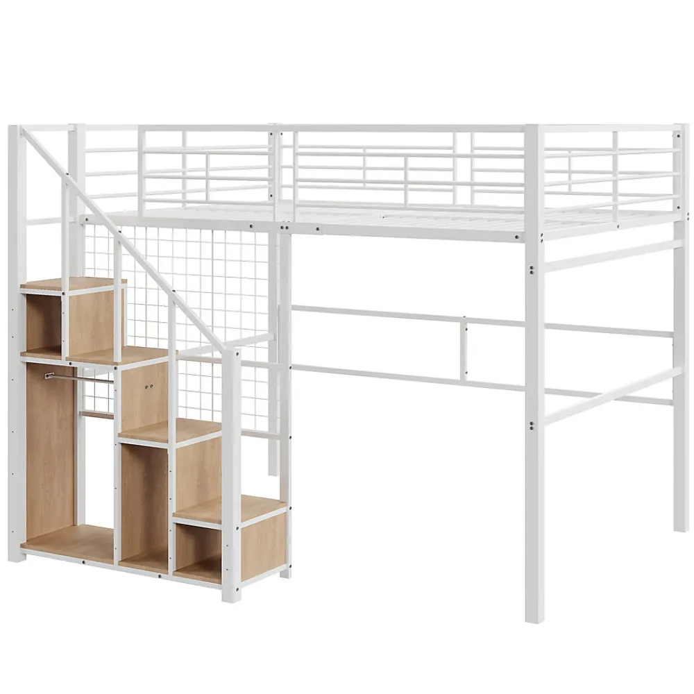Lit Mezzanine 140x200 cm - Lit enfant en Métal Blanc avec Échelle de Sécurité et Rangement Intégré, Sans Matelas>Okwish Discount