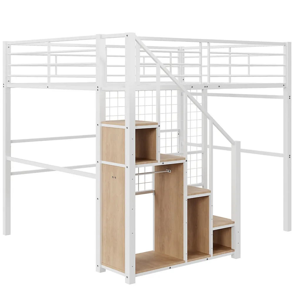 Lit Mezzanine 140x200 cm - Lit enfant en Métal Blanc avec Échelle de Sécurité et Rangement Intégré, Sans Matelas>Okwish Discount