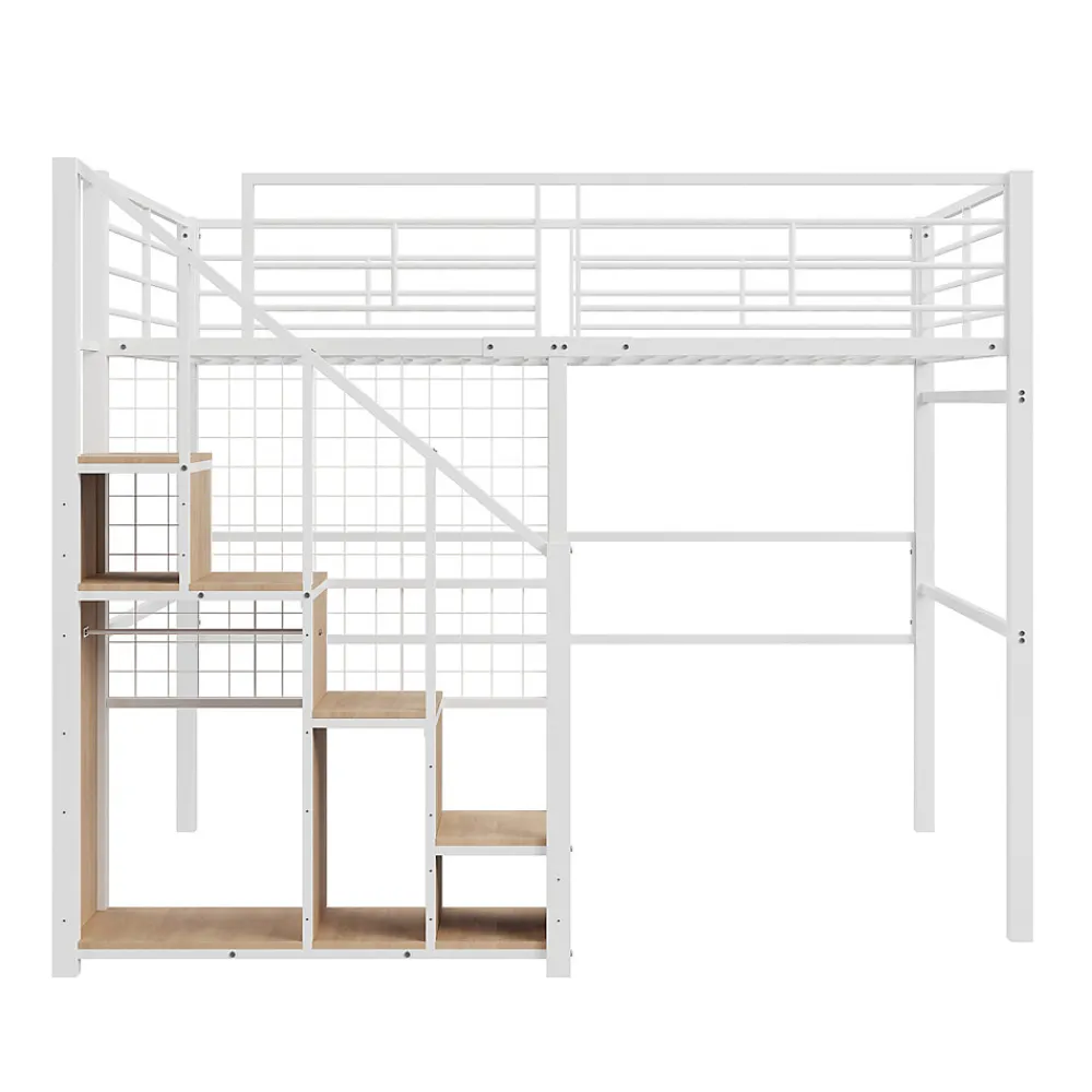 Lit Mezzanine 140x200 cm - Lit enfant en Métal Blanc avec Échelle de Sécurité et Rangement Intégré, Sans Matelas>Okwish Discount