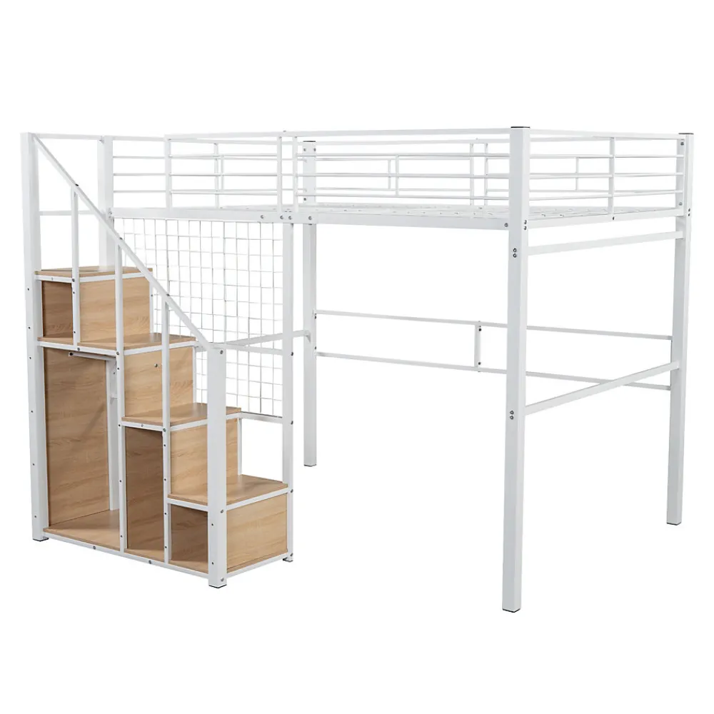 Lit Mezzanine 140x200 cm - Lit enfant en Métal Blanc avec Échelle de Sécurité et Rangement Intégré, Sans Matelas>Okwish Discount