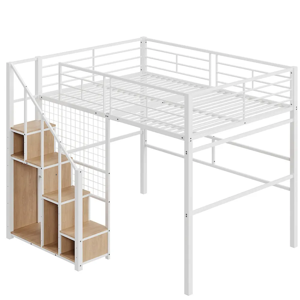Lit Mezzanine 140x200 cm - Lit enfant en Métal Blanc avec Échelle de Sécurité et Rangement Intégré, Sans Matelas>Okwish Discount