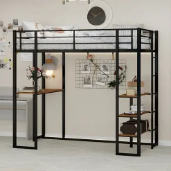 Lit Mezzanine 90x200 cm - Lit Enfant Metal avec Bureau en L, Garde-Corps et Échelle Réversible, Noir, sans Matelas><noscript><img width=