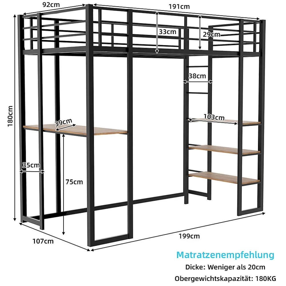 Lit Mezzanine 90x200 cm - Lit Enfant Metal avec Bureau en L, Garde-Corps et Échelle Réversible, Noir, sans Matelas>Okwish Online
