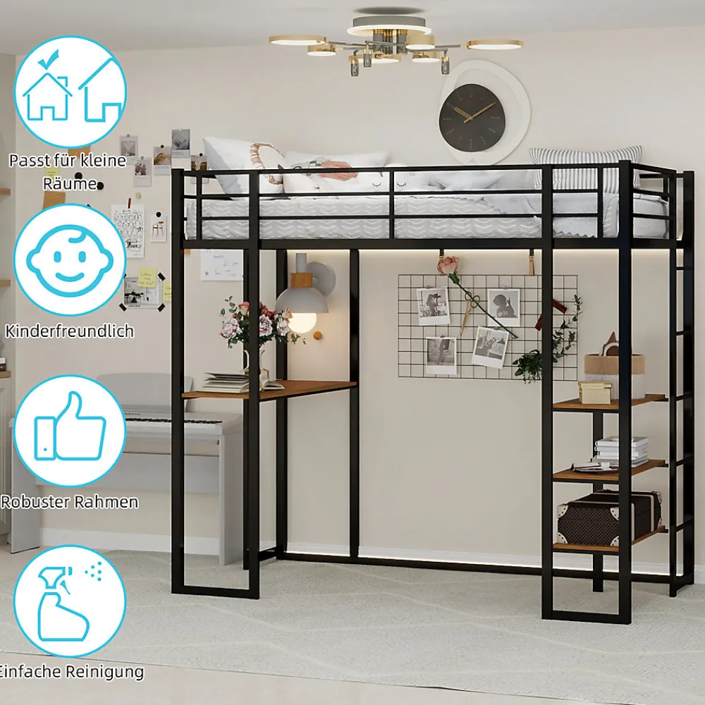 Lit Mezzanine 90x200 cm - Lit Enfant Metal avec Bureau en L, Garde-Corps et Échelle Réversible, Noir, sans Matelas>Okwish Online