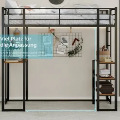 Lit Mezzanine 90x200 cm - Lit Enfant Metal avec Bureau en L, Garde-Corps et Échelle Réversible, Noir, sans Matelas><noscript><img width=