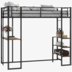 Lit Mezzanine 90x200 cm - Lit Enfant Metal avec Bureau en L, Garde-Corps et Échelle Réversible, Noir, sans Matelas><noscript><img width=