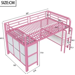 Lit Mezzanine 90x200 cm - Lit Enfant avec Tiroirs et Étagères, Angles Arrondis - Sans Matelas - Métal et MDF - Rose><noscript><img width=