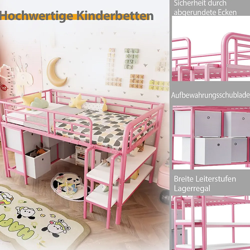 Lit Mezzanine 90x200 cm - Lit Enfant avec Tiroirs et Étagères, Angles Arrondis - Sans Matelas - Métal et MDF - Rose>Okwish Sale