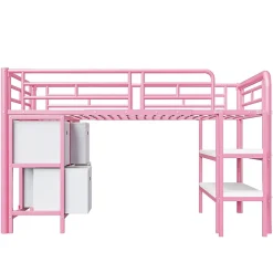 Lit Mezzanine 90x200 cm - Lit Enfant avec Tiroirs et Étagères, Angles Arrondis - Sans Matelas - Métal et MDF - Rose><noscript><img width=