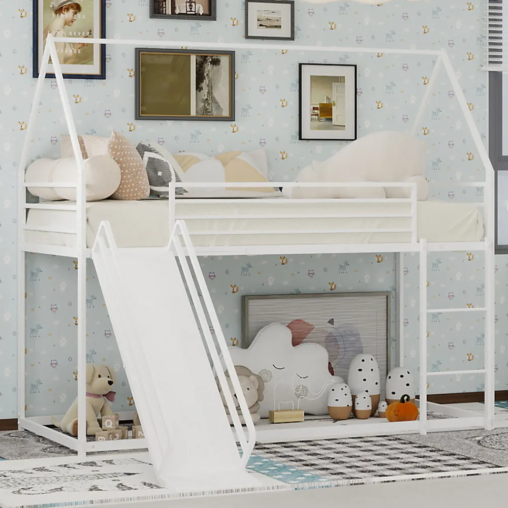 Lit Mezzanine 90x190 cm - Lit Enfant Simple Style Cabane avec Toboggan et Échelle Sécurisée - en Fer - sans Matelas - Blanc>Okwish Sale
