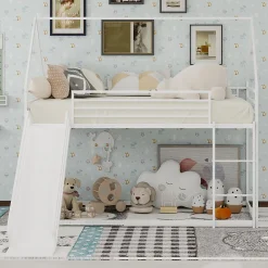 Lit Mezzanine 90x190 cm - Lit Enfant Simple Style Cabane avec Toboggan et Échelle Sécurisée - en Fer - sans Matelas - Blanc><noscript><img width=