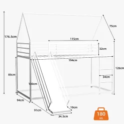 Lit Mezzanine 90x190 cm - Lit Enfant Simple Style Cabane avec Toboggan et Échelle Sécurisée - en Fer - sans Matelas - Blanc><noscript><img width=
