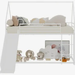 Lit Mezzanine 90x190 cm - Lit Enfant Simple Style Cabane avec Toboggan et Échelle Sécurisée - en Fer - sans Matelas - Blanc><noscript><img width=
