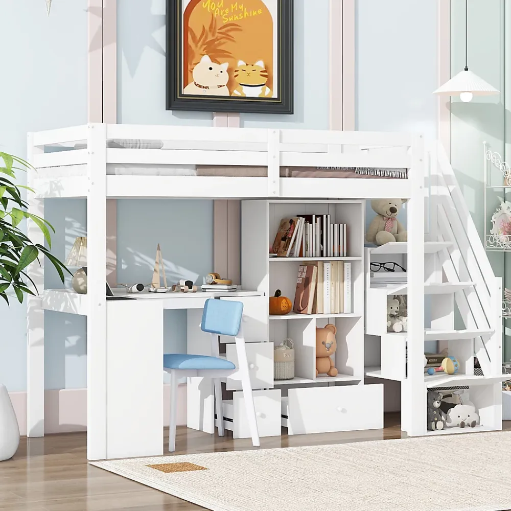 Okwish Lit Mezzanine 90x200 cm - Lit enfant avec Bureau et Rangement, Échelle, MDF - Sans Matelas - Blanc* Lit Mezzanine