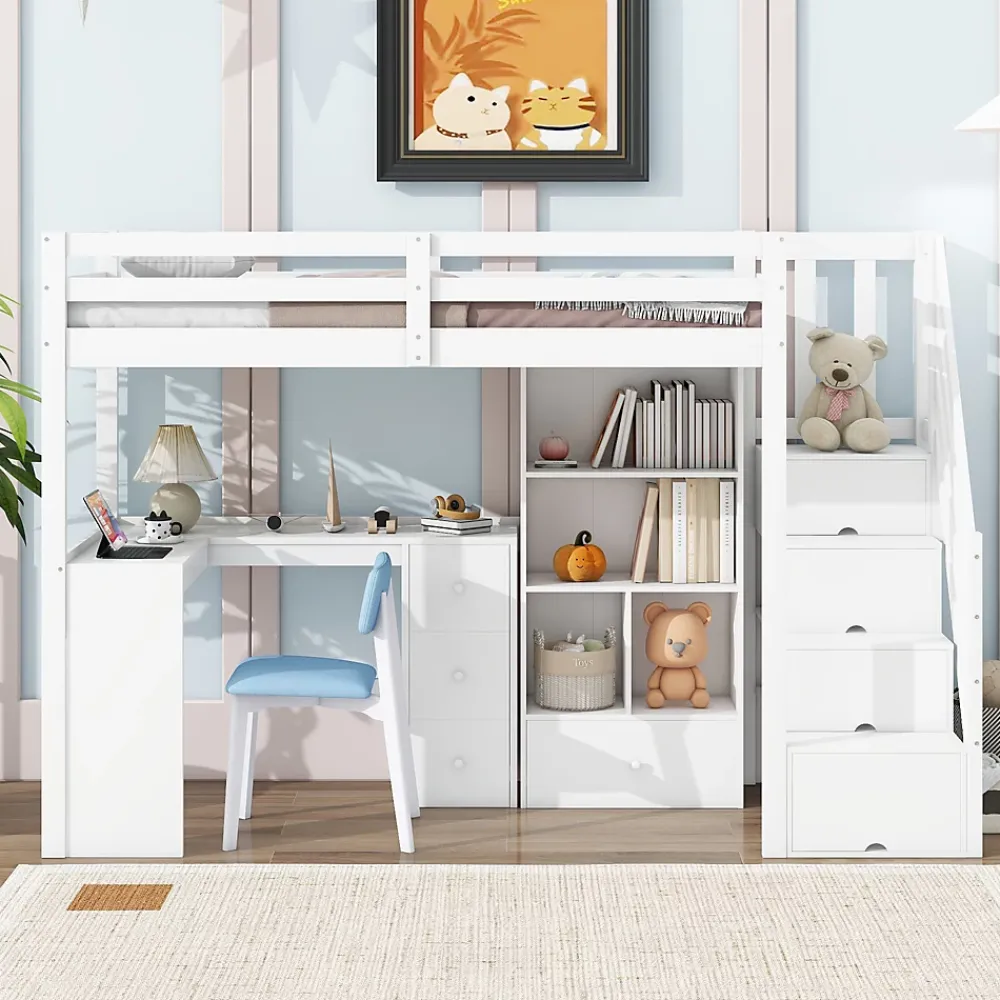 Okwish Lit Mezzanine 90x200 cm - Lit enfant avec Bureau et Rangement, Échelle, MDF - Sans Matelas - Blanc* Lit Mezzanine