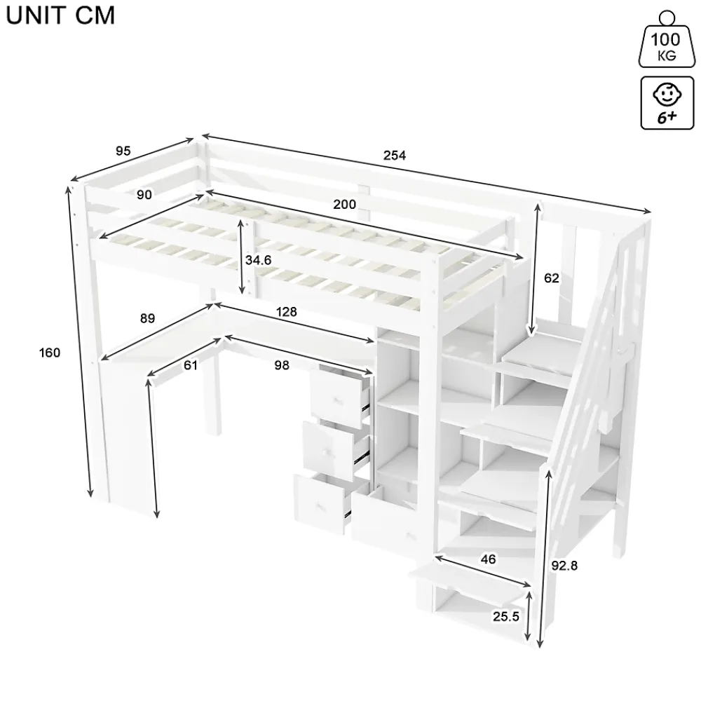 Okwish Lit Mezzanine 90x200 cm - Lit enfant avec Bureau et Rangement, Échelle, MDF - Sans Matelas - Blanc* Lit Mezzanine