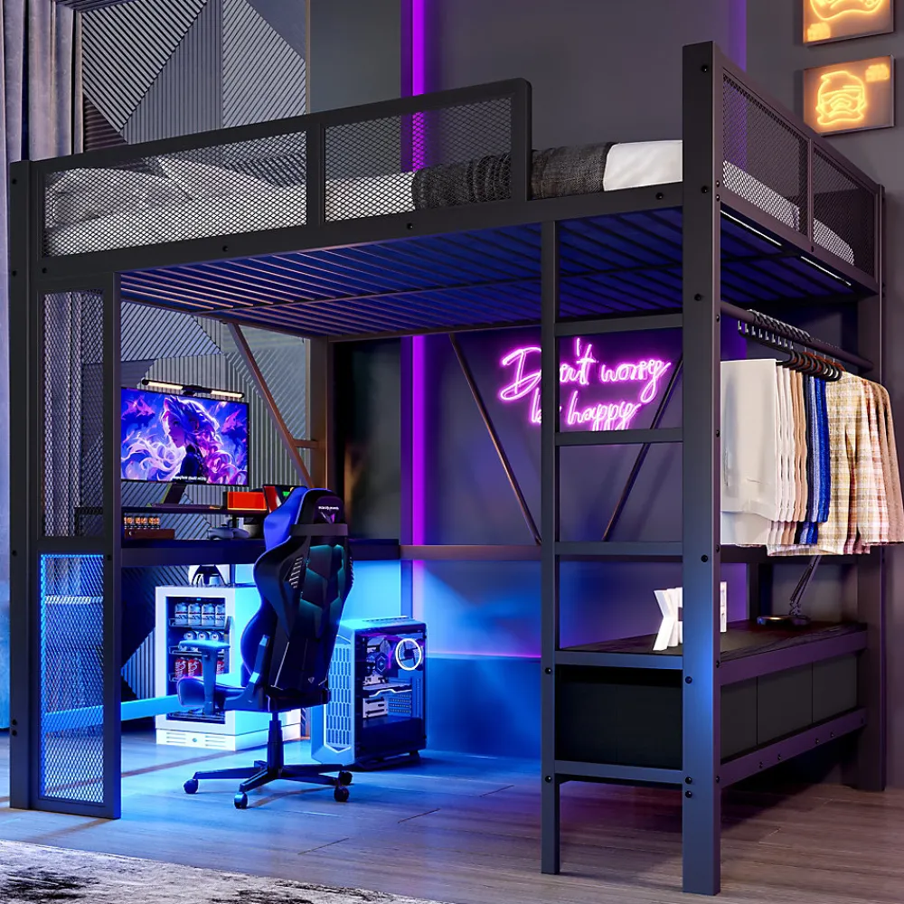 Lit Mezzanine 140x200 cm - Lit en Métal avec Bureau et Armoire ouverte, Tiroirs de Rangement, LED et USB, Sans Matelas, Noir>Okwish Clearance