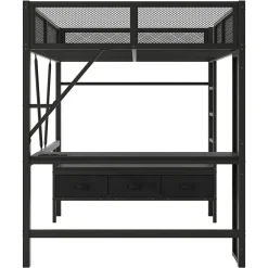 Lit Mezzanine 140x200 cm - Lit en Métal avec Bureau et Armoire ouverte, Tiroirs de Rangement, LED et USB, Sans Matelas, Noir><noscript><img width=