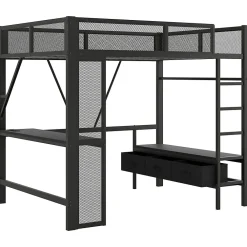 Lit Mezzanine 140x200 cm - Lit en Métal avec Bureau et Armoire ouverte, Tiroirs de Rangement, LED et USB, Sans Matelas, Noir><noscript><img width=